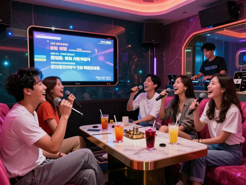 밝은 장식과 음료가 있는 강남달토에서 활기찬 노래방을 즐기는 친구들 그룹.