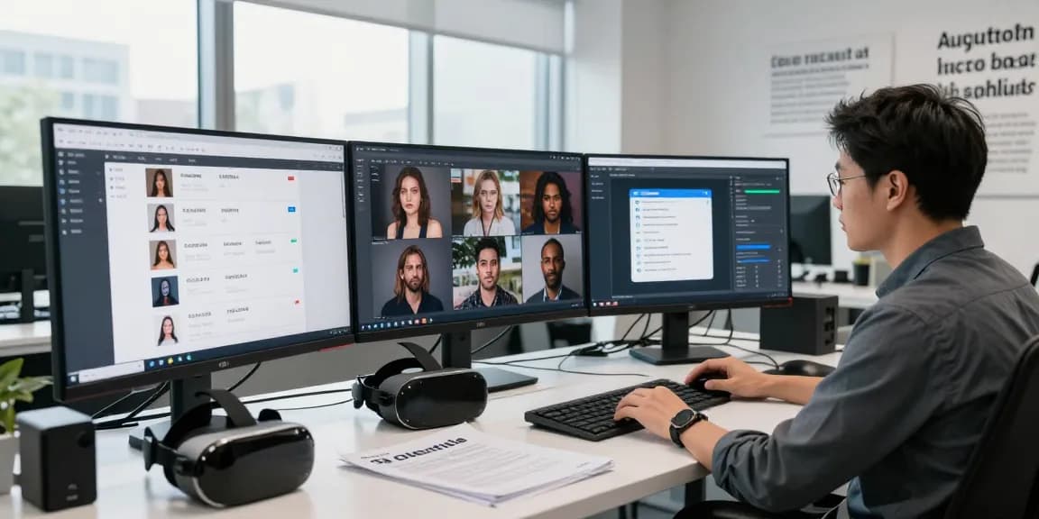 Detect AI image with a professional analyzing content moderation tools in a high-tech workspace.