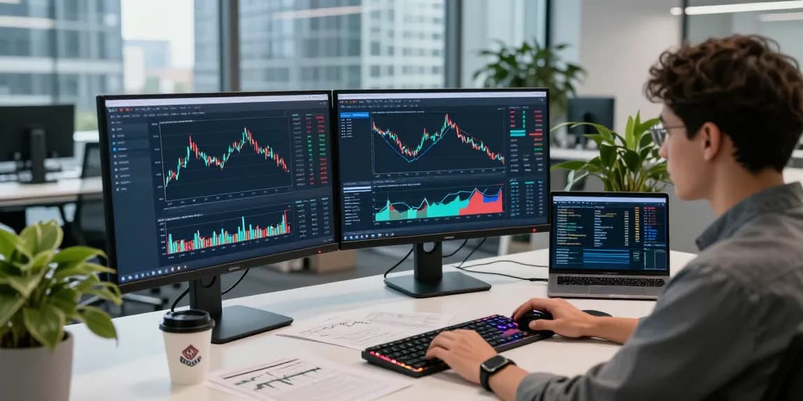 Developer utilizing the DAX index quote API for real-time market data analysis in a modern office.
