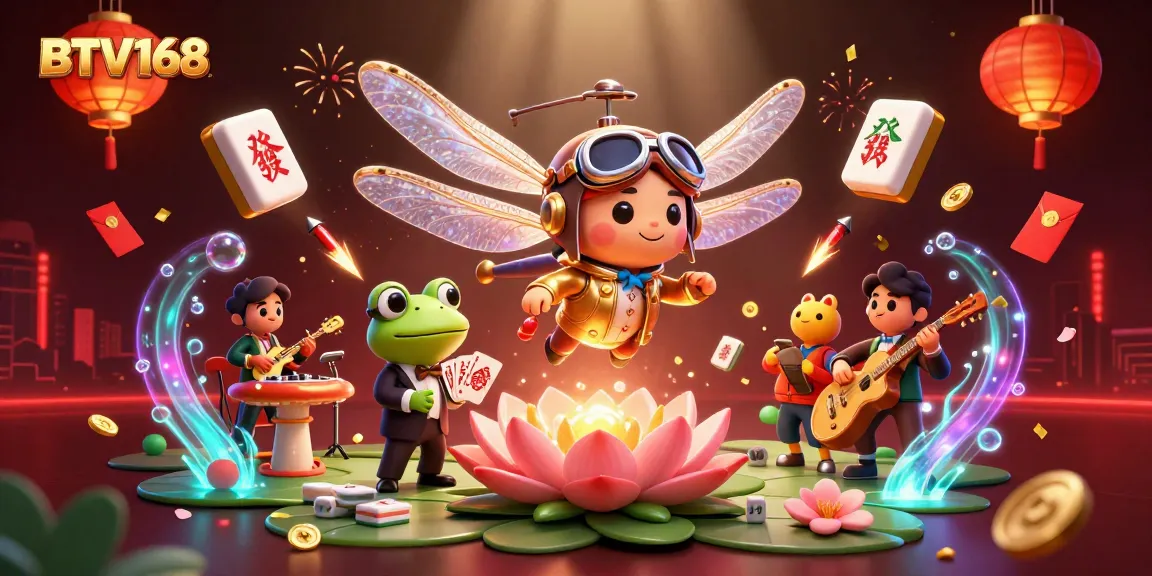 Engage with BTV168 casino fun as a dragonfly pilot oversees a lily pad casino with vibrant game elements.