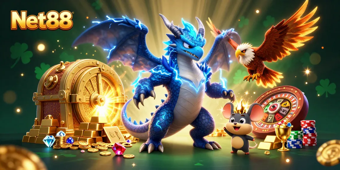 Engage in thrilling gameplay with Net88's magical casino scene featuring vibrant characters and rich treasures.