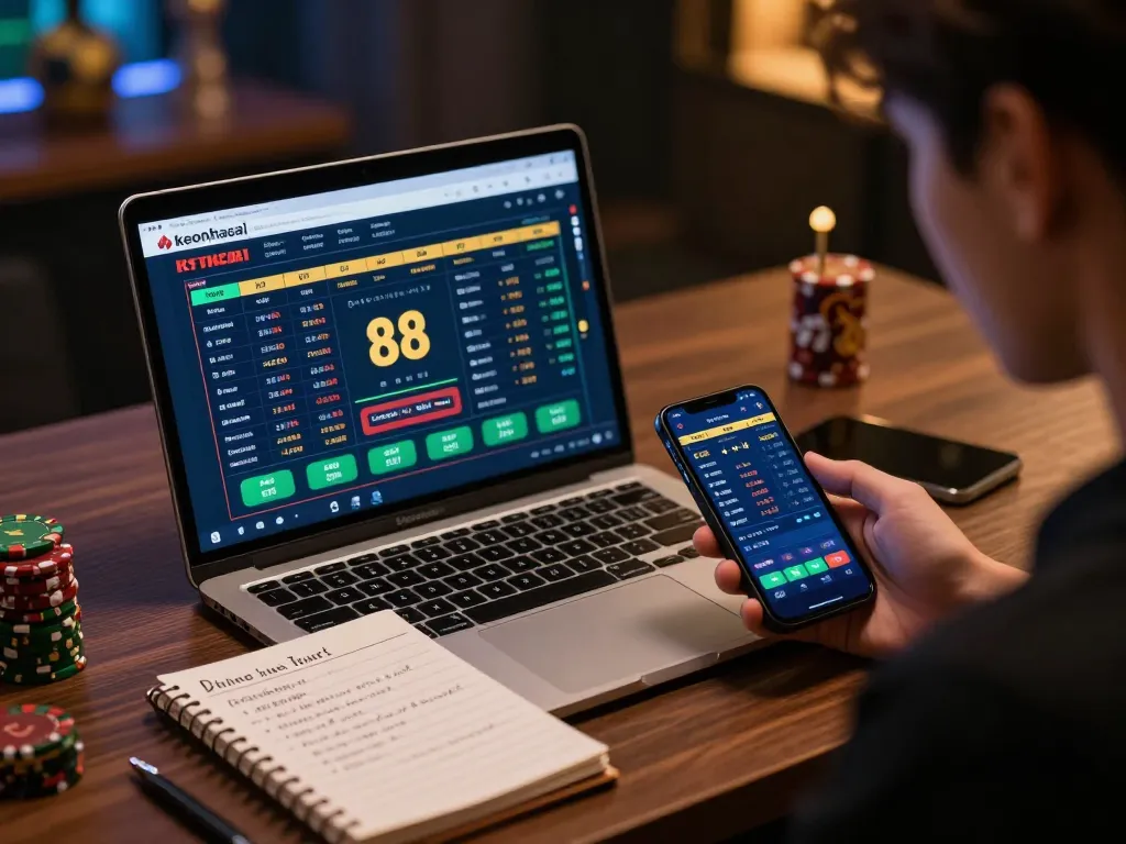 Engaging online sports betting scene with keonhacai 88 interface at a modern desk.