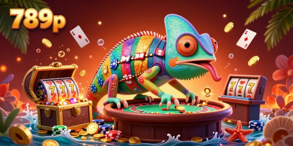 Experience thrilling slots with the colorful 789p chameleon illuminating a vibrant casino scene.