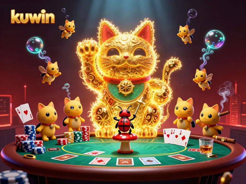 kuwin showcases a vibrant 3D casino scene featuring a lucky cat and poker elements, ideal for gamers.