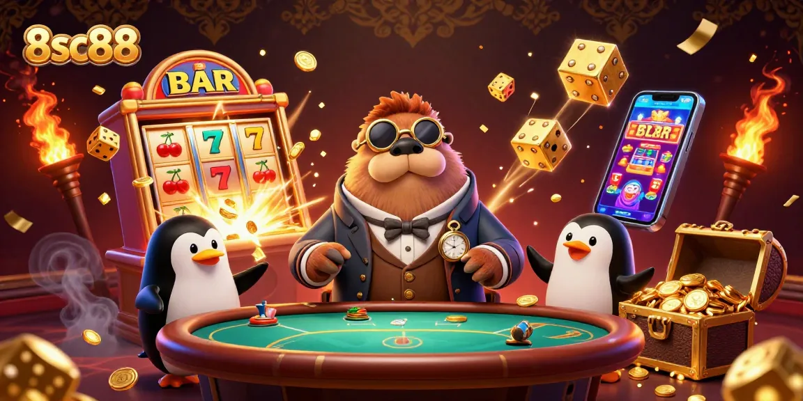 Engage in thrilling gameplay at 8sc88, featuring a lively underwater poker scene with colorful casino elements.