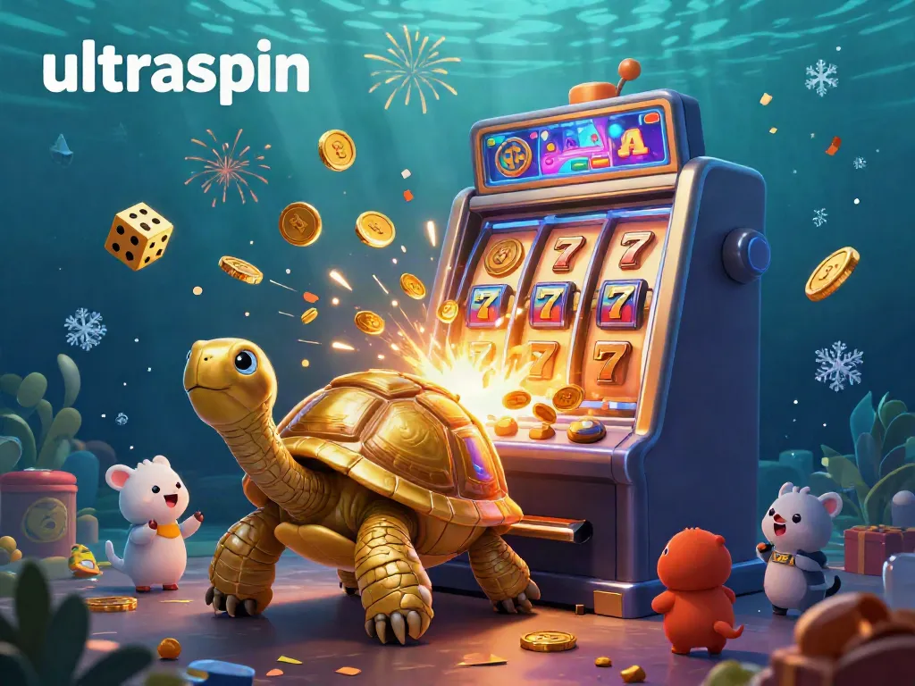 Experience the excitement of ultraspin with a golden tortoise slot machine and vibrant casino elements.