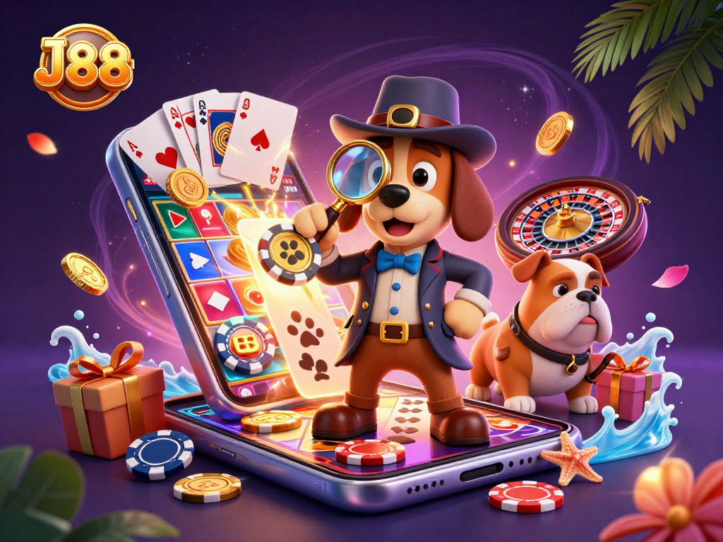 J88 reveals treasure clues while gambling elements surround a casino detective scene.