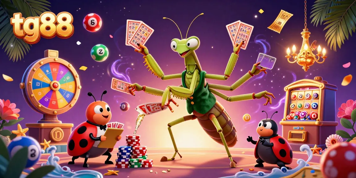 Experience dynamic gameplay with tg88 as a giant praying mantis deals cards in an exciting casino scene.