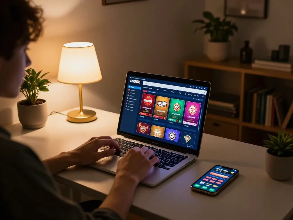 A player engaging in online casino gaming at vin88lk, showcasing a cozy home setup for responsible gambling