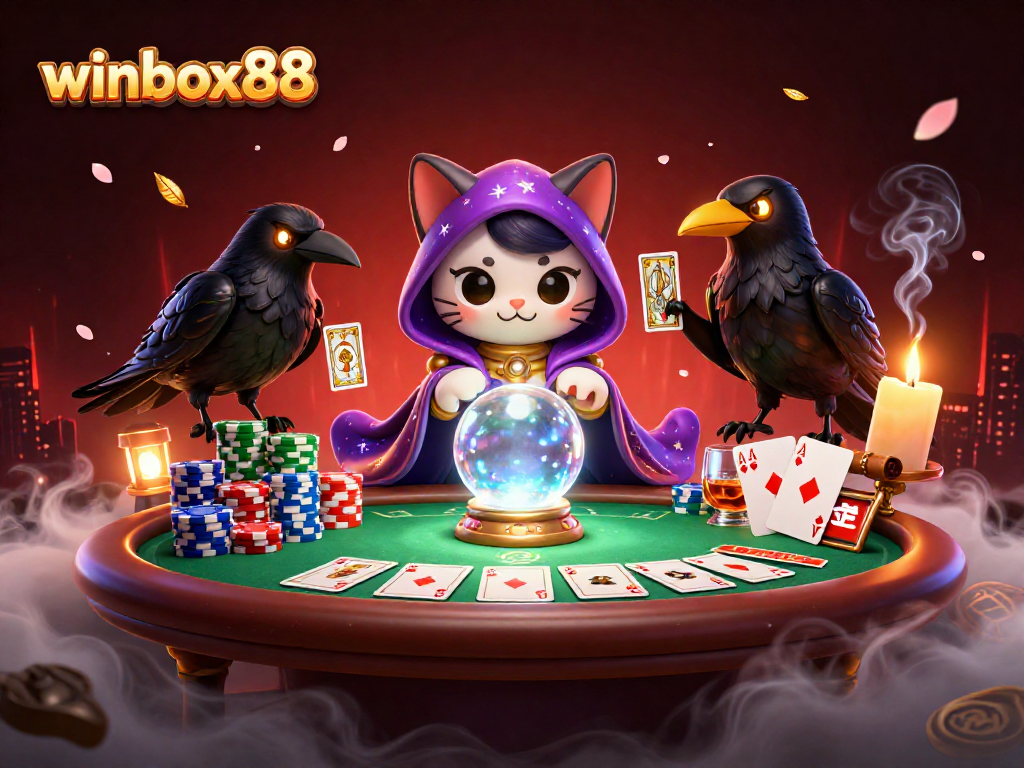 Engage with winbox88's electrifying poker scene featuring a mystical cat and a raven.