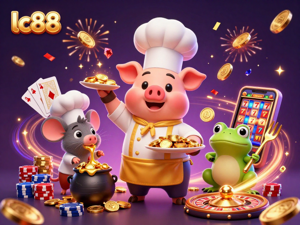 Experience the thrill of lc88 casino with flying coins and a 3D chef pig serving golden treasures.