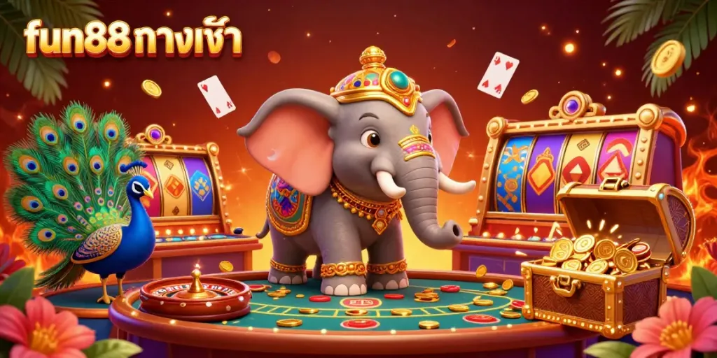 Experience fun88 ทางเข้า with a vibrant casino scene featuring a Diwali-themed elephant among floating cards and slot reels.