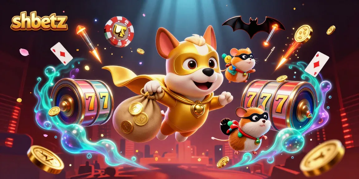Experience thrilling games with shbetz as a cartoon superhero dog flies through a casino scene.