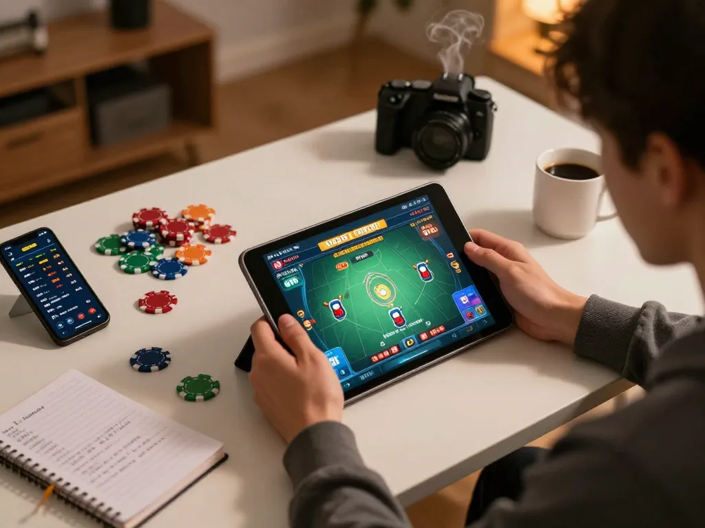 Engaging gameplay with game bài đổi thưởng on a tablet, showcasing dynamic betting strategies and poker chips.