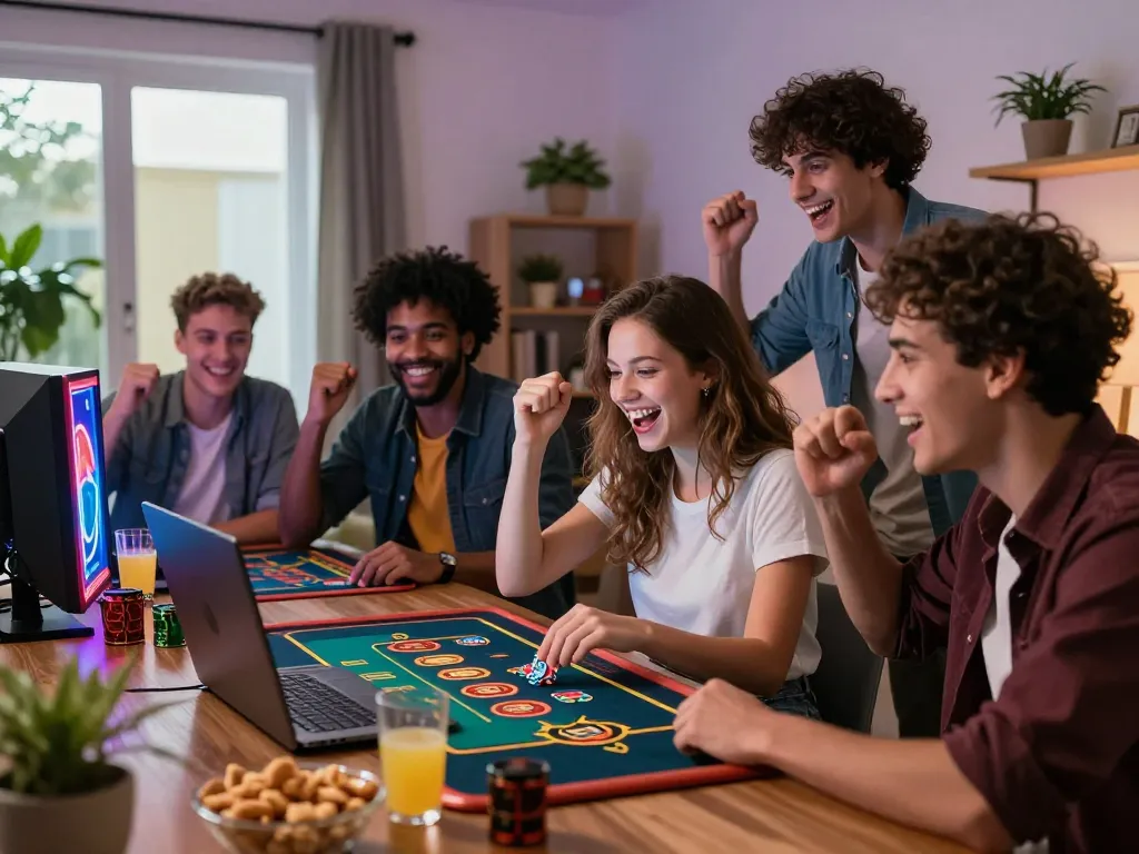 Group of friends enjoying MM88 online casino games at home, vibrant atmosphere with snacks and colorful lighting.