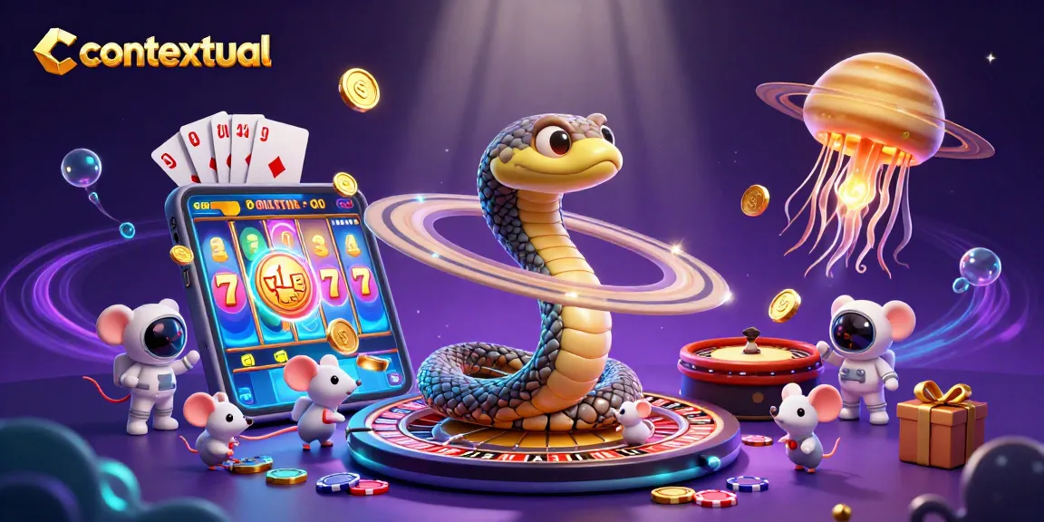 Engage with the contextual cosmic gambling scene featuring a Saturn ring snake and playful astronaut mice.