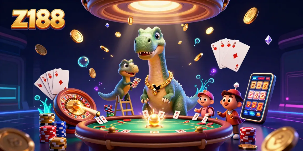 Win big at z188 with a vibrant 3D casino scene featuring a giant dinosaur and colorful game elements.