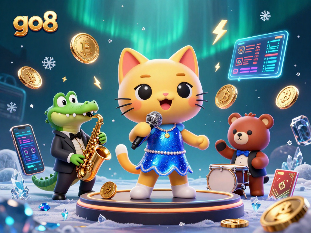 Experience the winning vibes at go8 with a vibrant casino scene featuring animated characters and crypto elements.