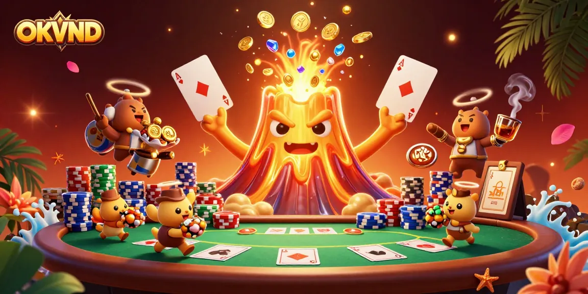 Engage with OKVND's thrilling casino adventure, featuring a golden volcano and explorer animals.