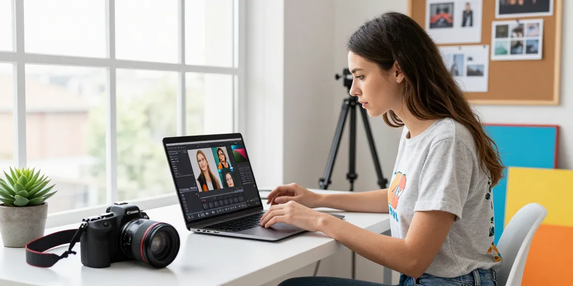 Creative professional using an ai photo editor in a vibrant photography workspace.