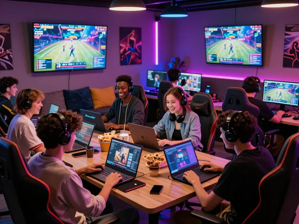 Players enjoying online porn games in a vibrant gaming lounge with colorful lighting and cozy seating.