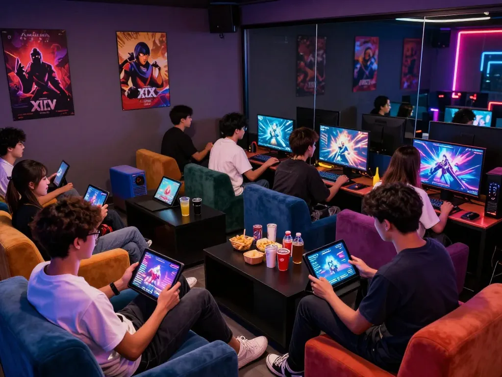 Excited players enjoying interactive xxx games in a colorful lounge setting