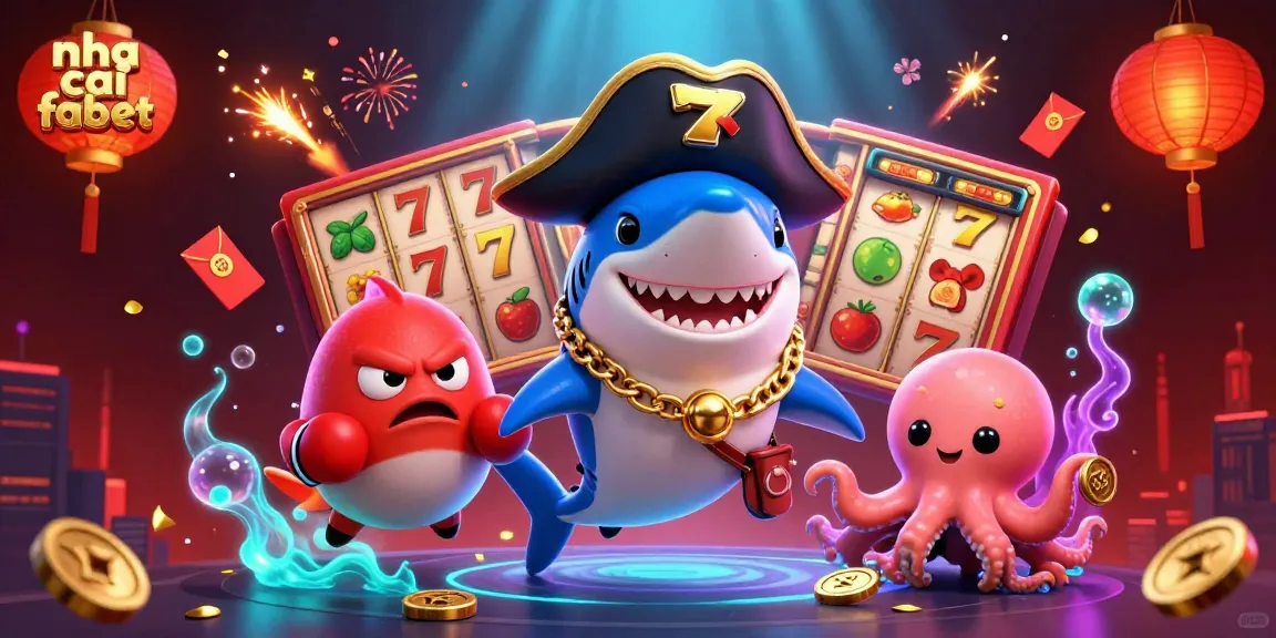 Engage with nha cai fabet's vibrant cartoon scene featuring a pirate shark, pufferfish, and octopus amidst dynamic casino elements.