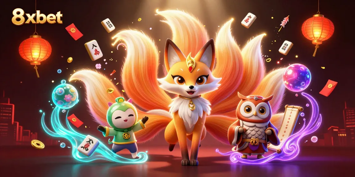 Experience the excitement of 8xbet through a vibrant 3D casino scene featuring a nine-tailed fox and a wise owl.
