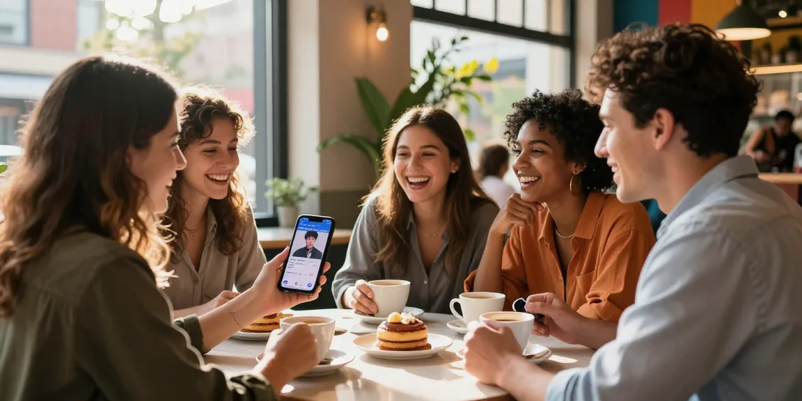Friends enjoying time at café revealing look alikes of famous people on smartphone.