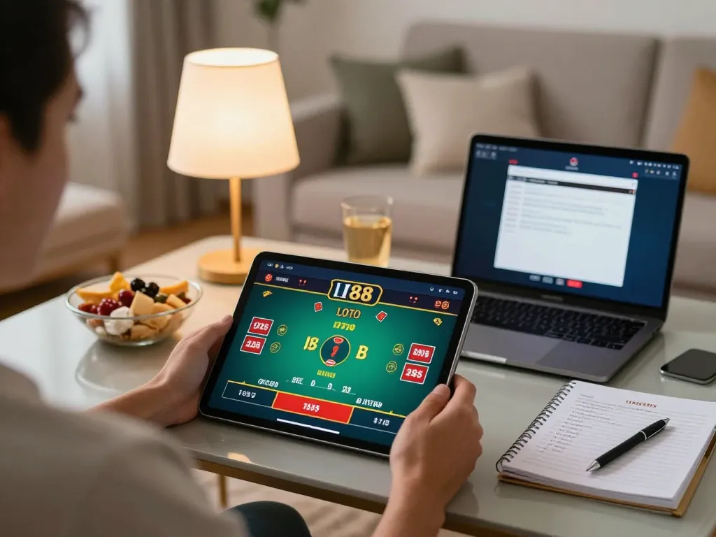 Engaged player enjoying LOTO 188 gaming experience on a tablet with strategy notes nearby.