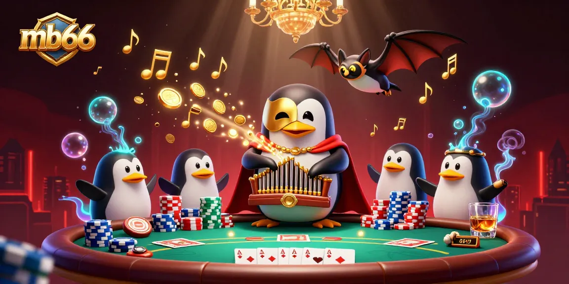 Engage with mb66’s thrilling casino experience through vibrant visuals of a penguin at a grand poker table.