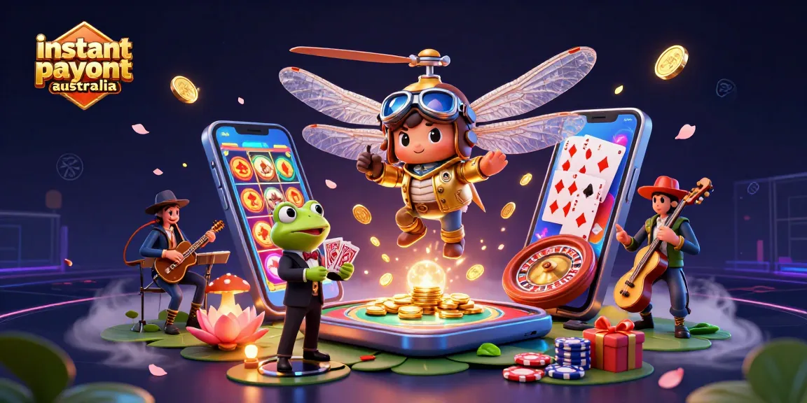 Experience instant payout online casinos Australia with a vibrant 3D illustration of unique characters and casino elements.