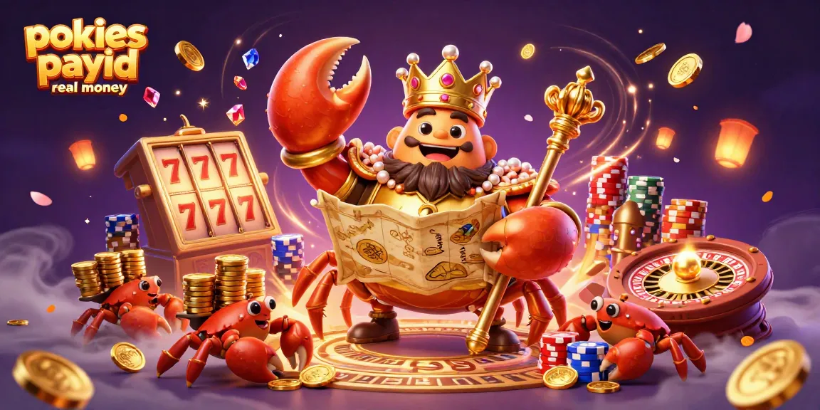 Experience pokies payid real money with the golden crab emperor amidst a playful casino scene.