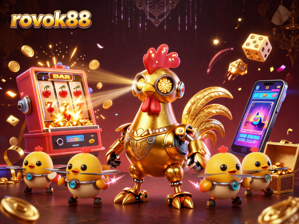 Engage with rokok88's thrilling slot game action featuring a golden rooster robot and dynamic casino elements.