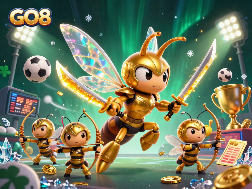 Experience exciting GO8 gaming action with our dynamic casino illustration featuring a golden hornet and sports elements.