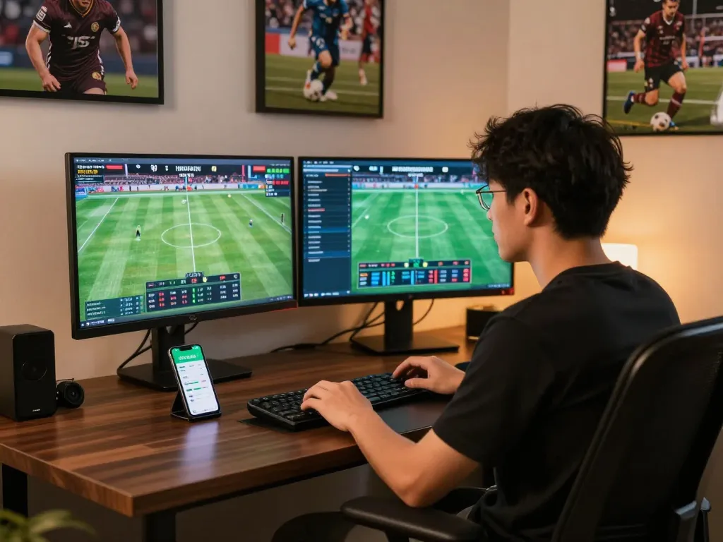 Kèo nhà cái 5 live betting analysis in a modern home office setting, showcasing strategic betting approach.