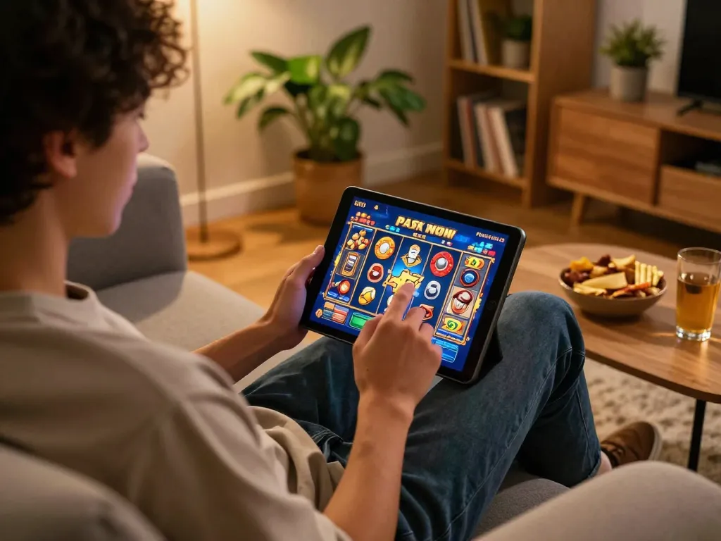 Playing the engaging slot pulsa game on a tablet in a cozy living room.
