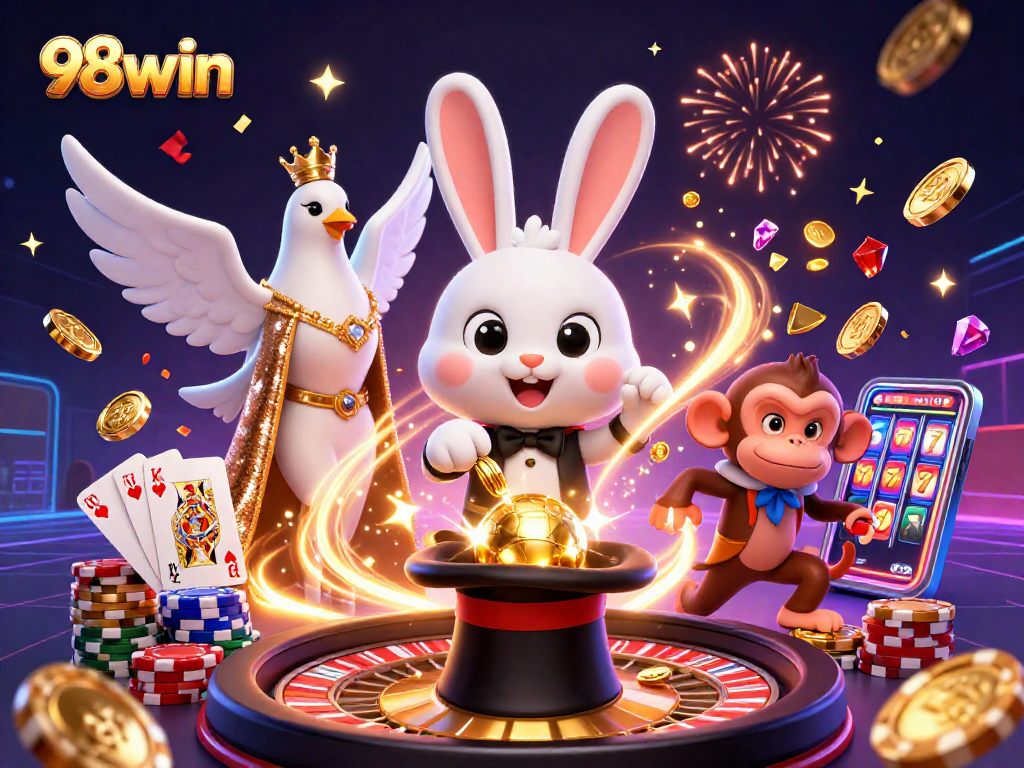Engage with 98win's thrilling casino world as a cartoon rabbit conjures golden coins and poker chips.