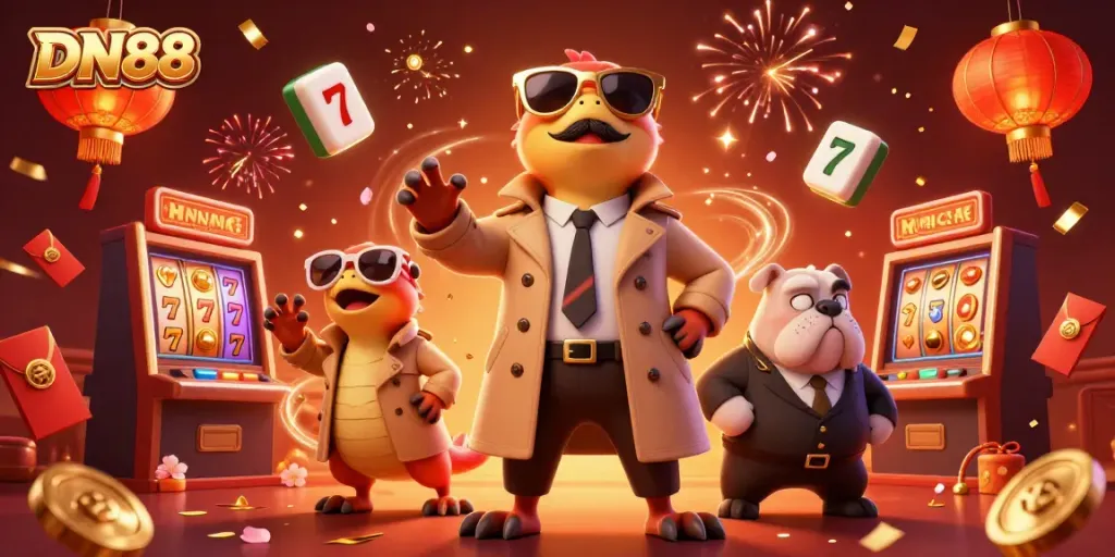 Experience excitement at DN88 with playful raptors entering a VIP casino, surrounded by vibrant gaming elements.