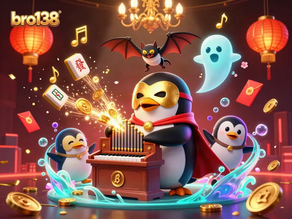 bro138 penguin playing organ, shooting coins with festive gambling elements
