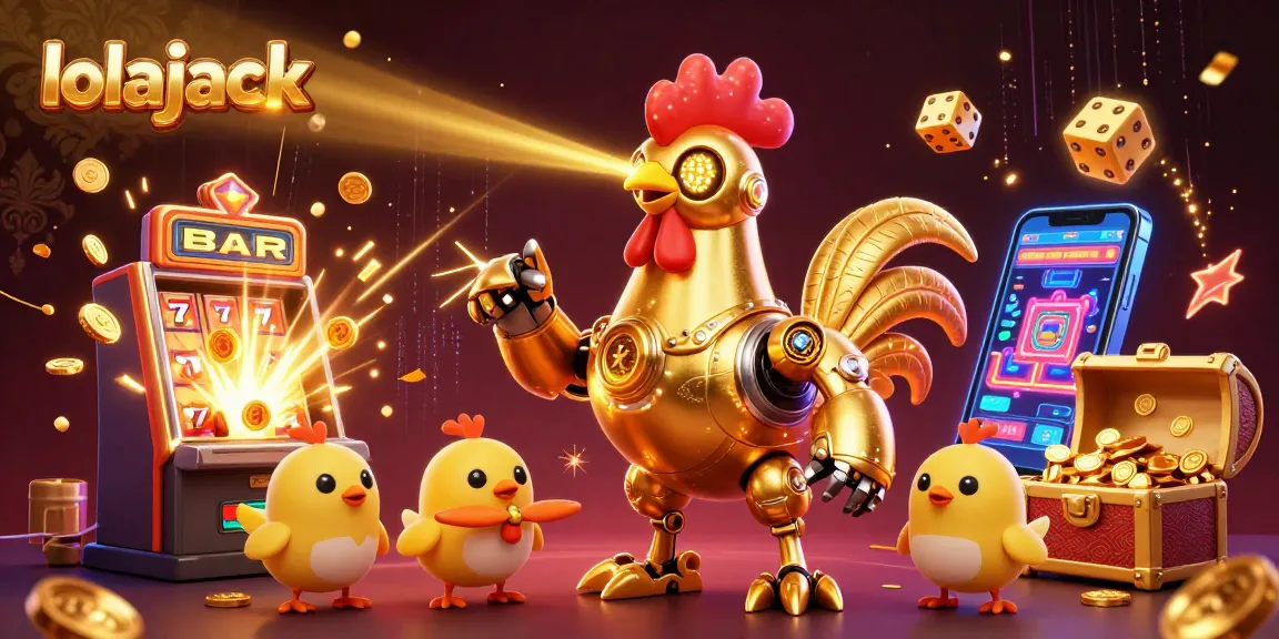 Lolajack casino illustration showcasing a dynamic scene with a golden rooster robot engaging in gambling excitement.