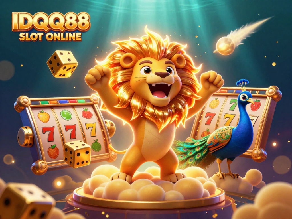 Experience the thrill of IDQQ88 SLOT ONLINE with a roaring sun lion, vibrant slot elements, and dynamic casino action.
