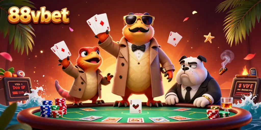 Engage with thrilling poker action at 88vbet, featuring cartoon raptors in a trench coat.