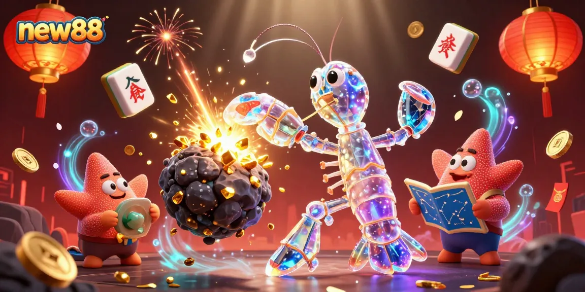 Experience thrilling wins at new88 with a vibrant scene of animated characters and casino elements.