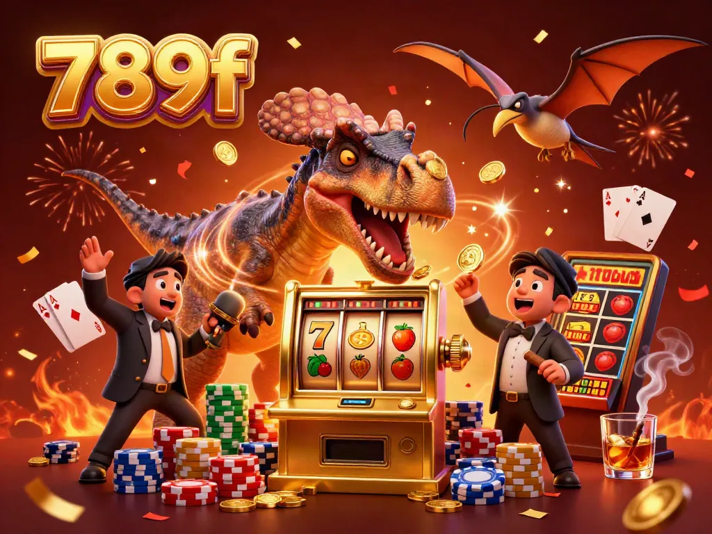 Experience the thrill of winning with 789f as a dinosaur celebrates a jackpot from a slot machine!