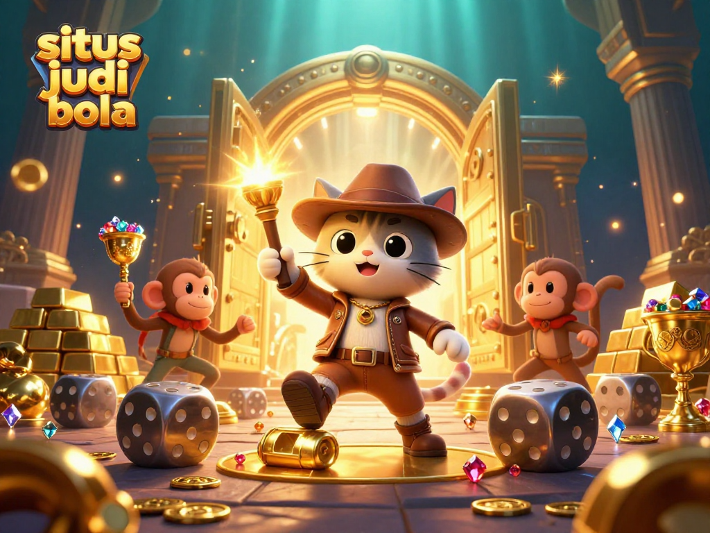 Engage in situs judi bola with a vibrant illustration showcasing a playful cat archaeologist and monkey in a casino-themed adventure.