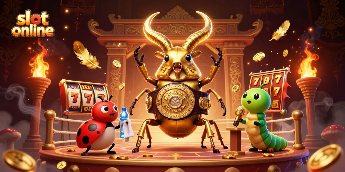 Slot online menampilkan pertarungan seru antara karakter kartun di arena, dengan efek menarik dan slot reel yang terlihat.