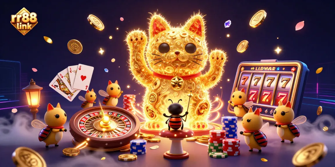 Experience the excitement of RR88 link as golden fireflies form a lucky cat, surrounded by casino symbols.