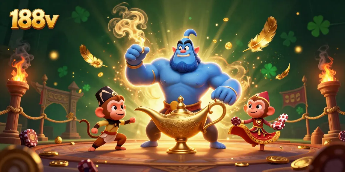 Experience vibrant 188v gaming with a genie, monkey, and poker chips in a dynamic casino scene.