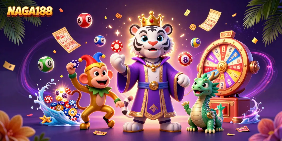 NAGA188 menyajikan ilustrasi kasino dengan harimau putih dan monyet emas yang bermain sambil bergabung dengan elemen keberuntungan.